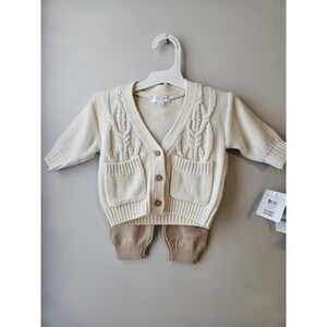 Grayson Mini Baby Knit Cardigan & Pants Set 0-3M Cream Beige Unisex Cotton Blend